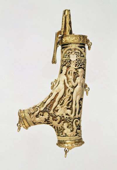 Fiaschetta da polvere (corno di cervo, argento dorato e avorio) da German School
